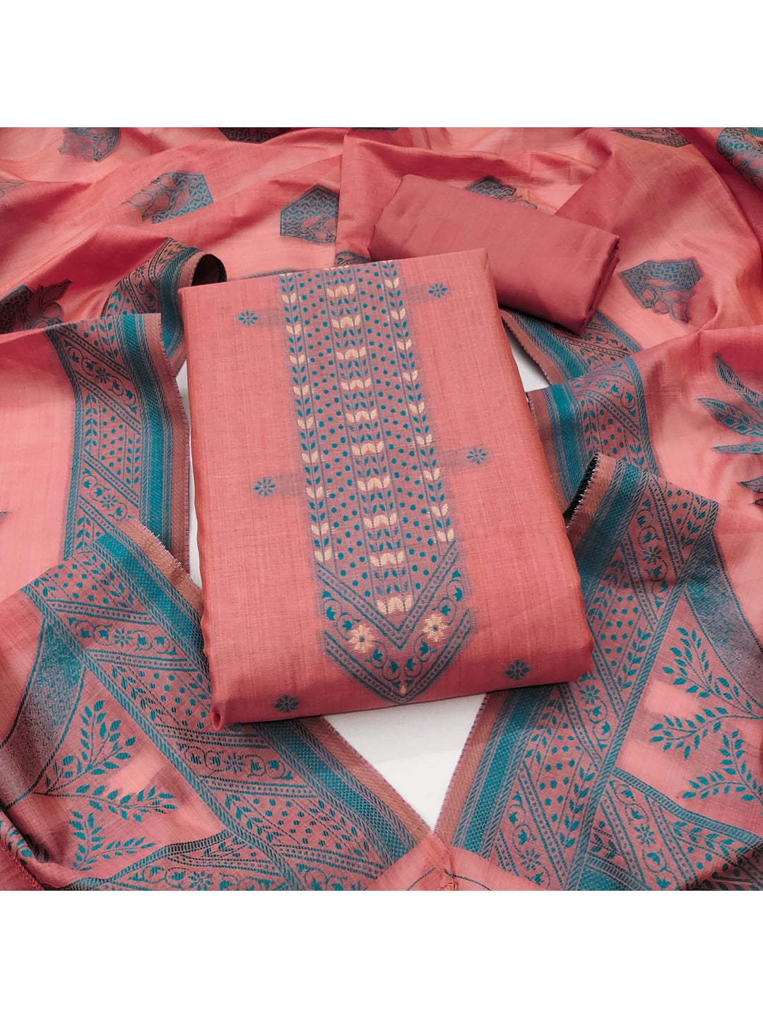 Peachmode Coral Cotton Dress Material with Ethnic Motifs - Image 4