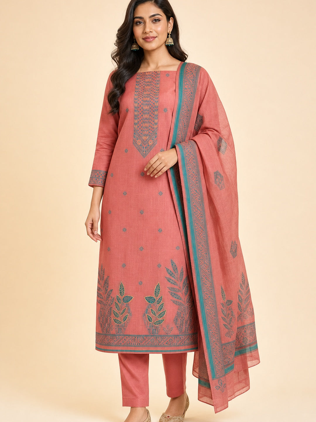 Peachmode Coral Cotton Dress Material with Ethnic Motifs - Image 1