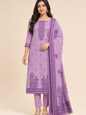Peachmode Purple Cotton Dress Material with Ethnic Motifs - Image 1