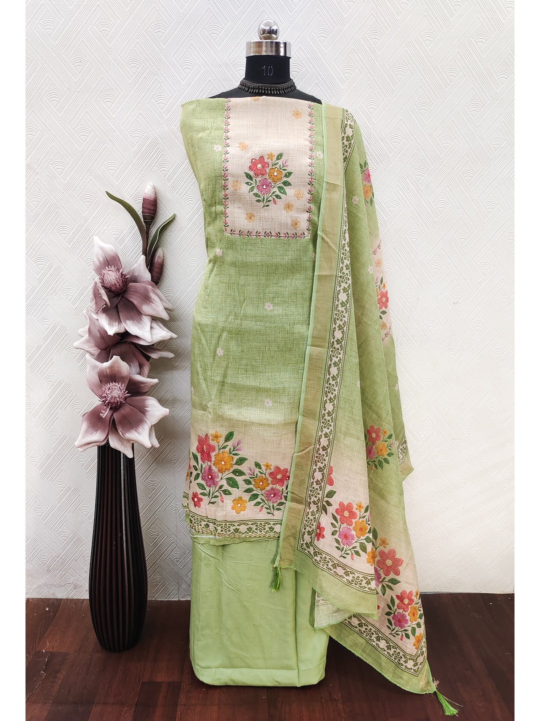 Peachmode Green Pure Silk Dress Material with Floral - Image 2