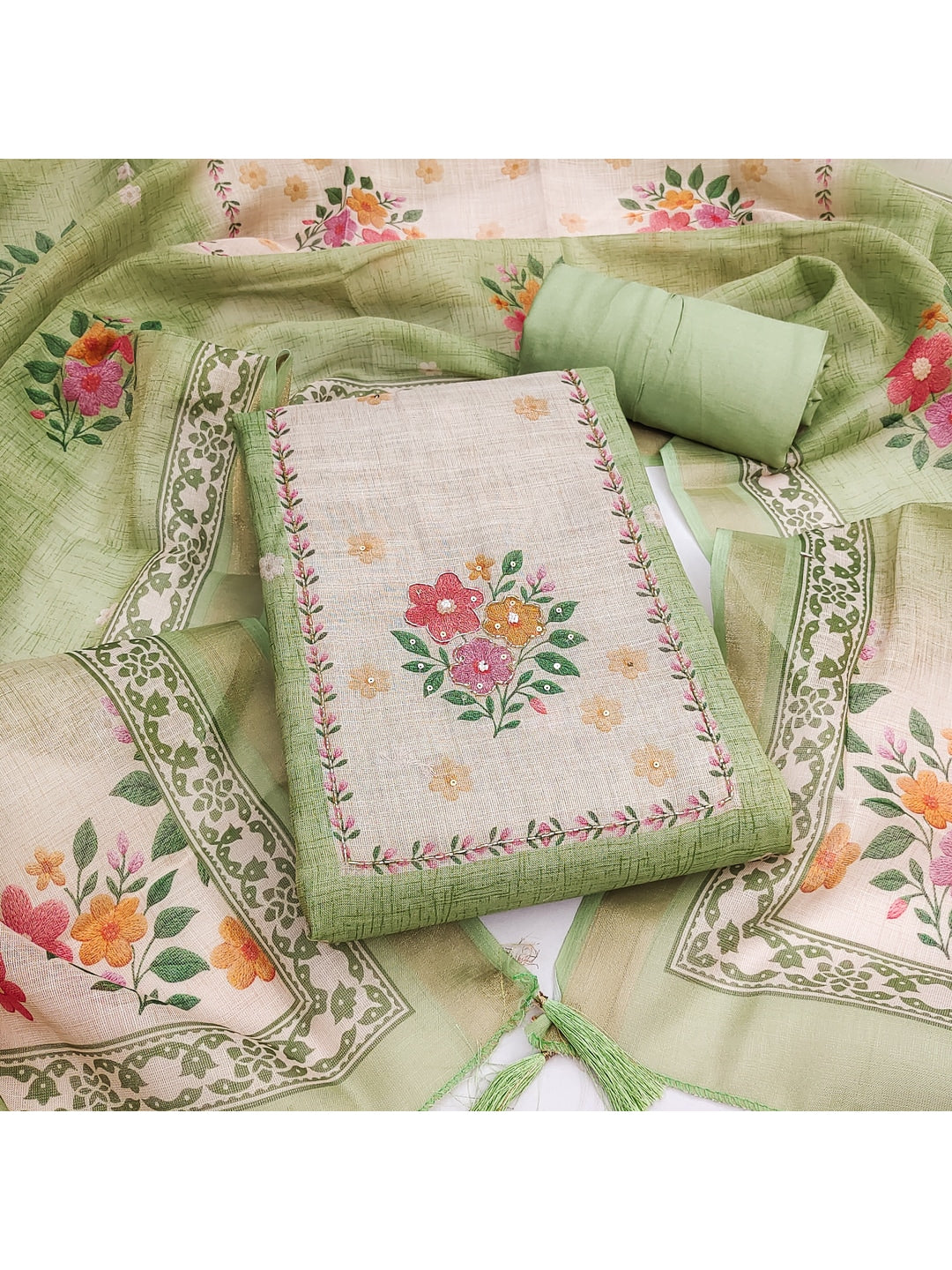 Peachmode Green Pure Silk Dress Material with Floral - Image 4