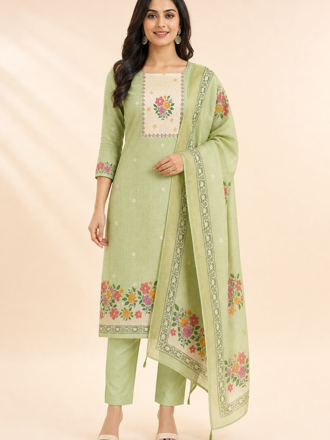Peachmode Green Pure Silk Dress Material with Floral - Image 1
