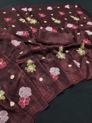 Peachmode Maroon Crunchy Saree with Floral Embroidery Work - Image 2