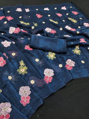 Peachmode Blue Crunchy Saree with Floral Embroidery Work - Image 2