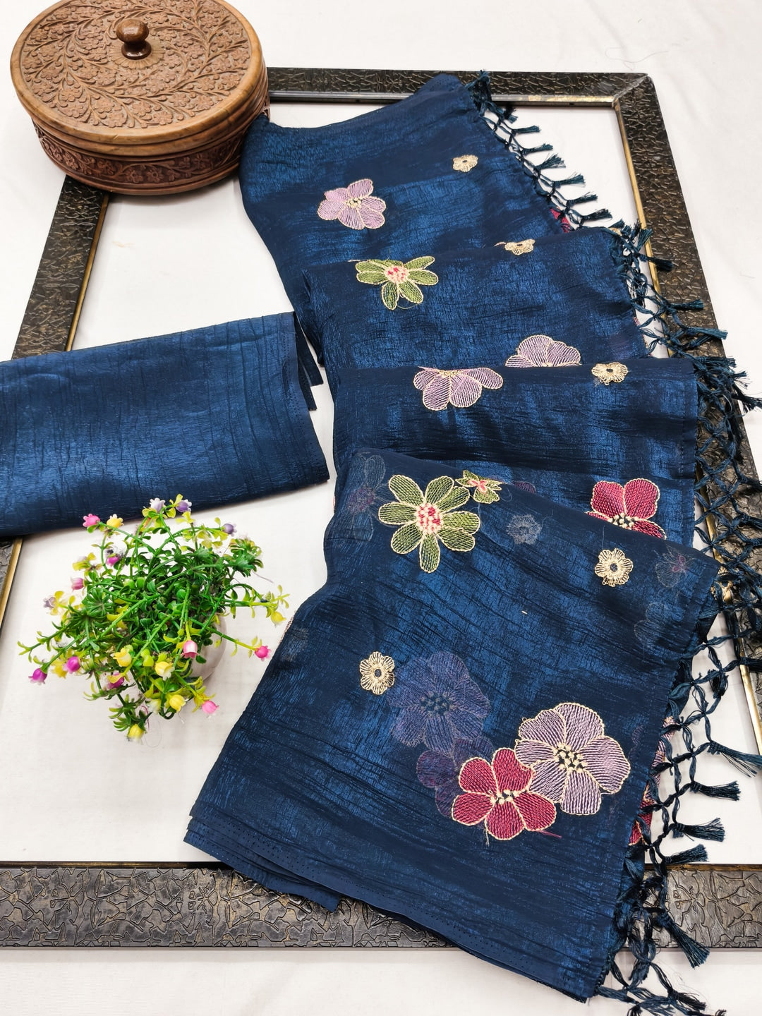 Peachmode Blue Crunchy Saree with Floral Embroidery Work - Image 3