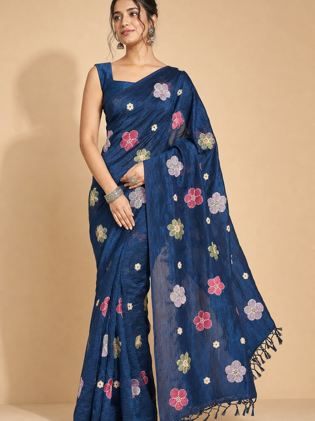 Peachmode Blue Crunchy Saree with Floral Embroidery Work - Image 1
