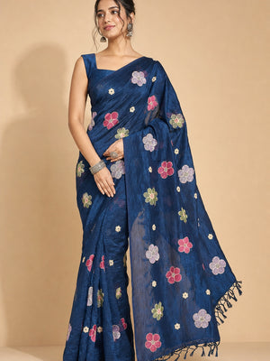 Peachmode Blue Crunchy Saree with Floral Embroidery Work - Image 1