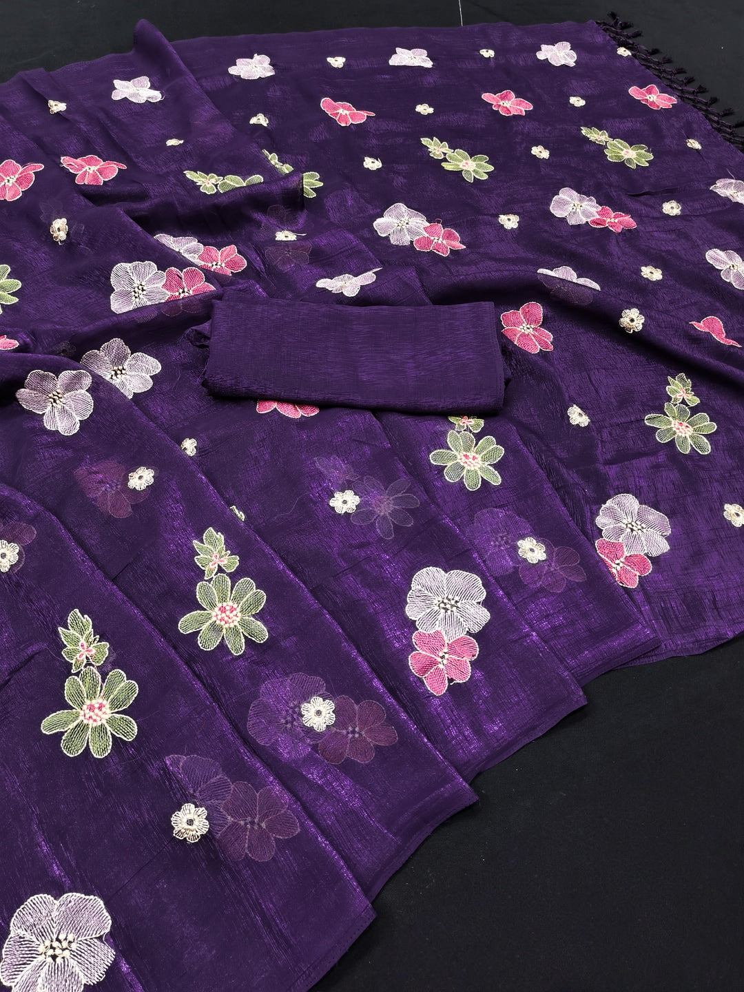 Peachmode Purple Crunchy Saree with Floral Embroidery Work - Image 2