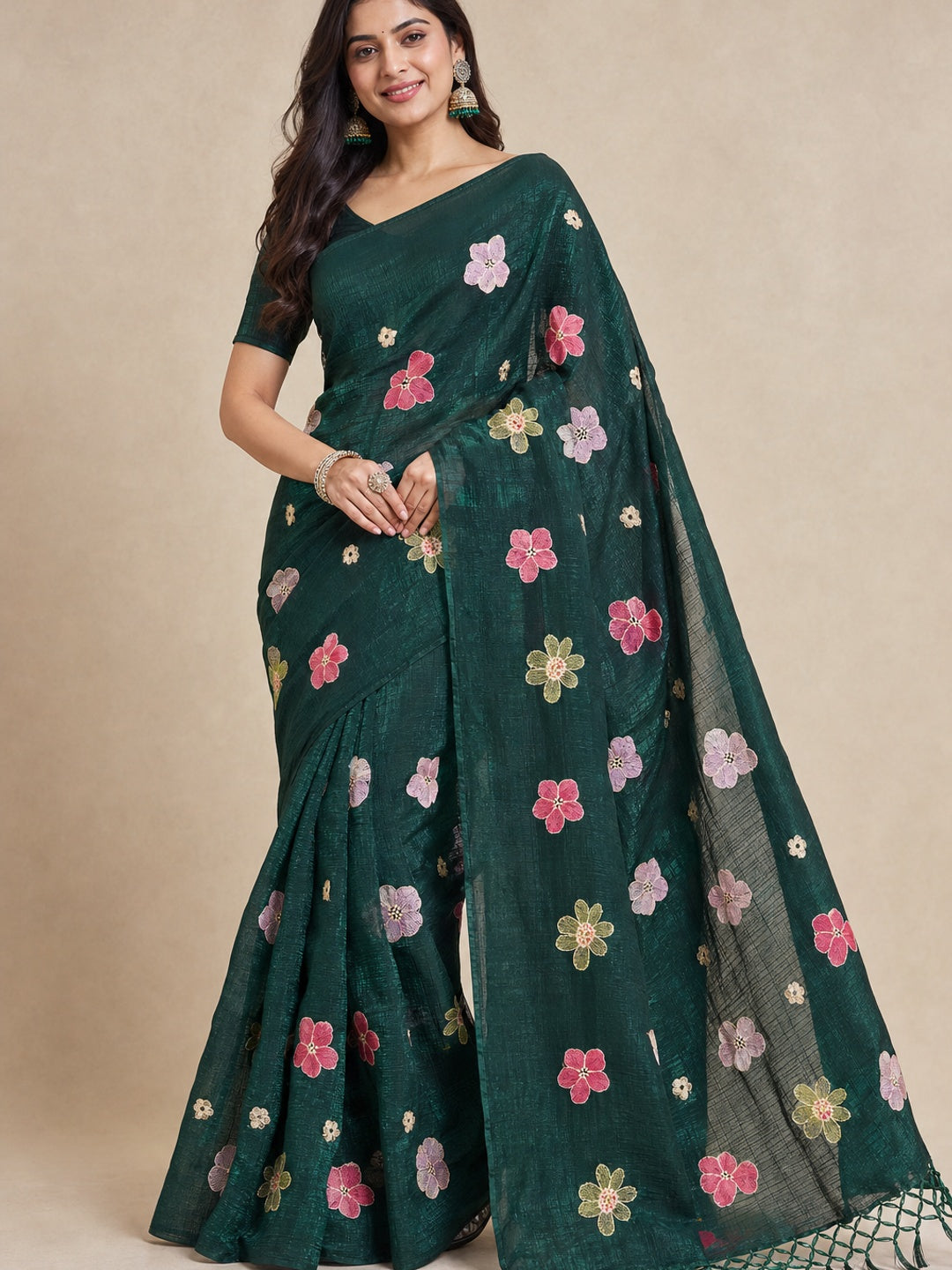 Peachmode Green Crunchy Saree with Floral Embroidery Work - Image 1