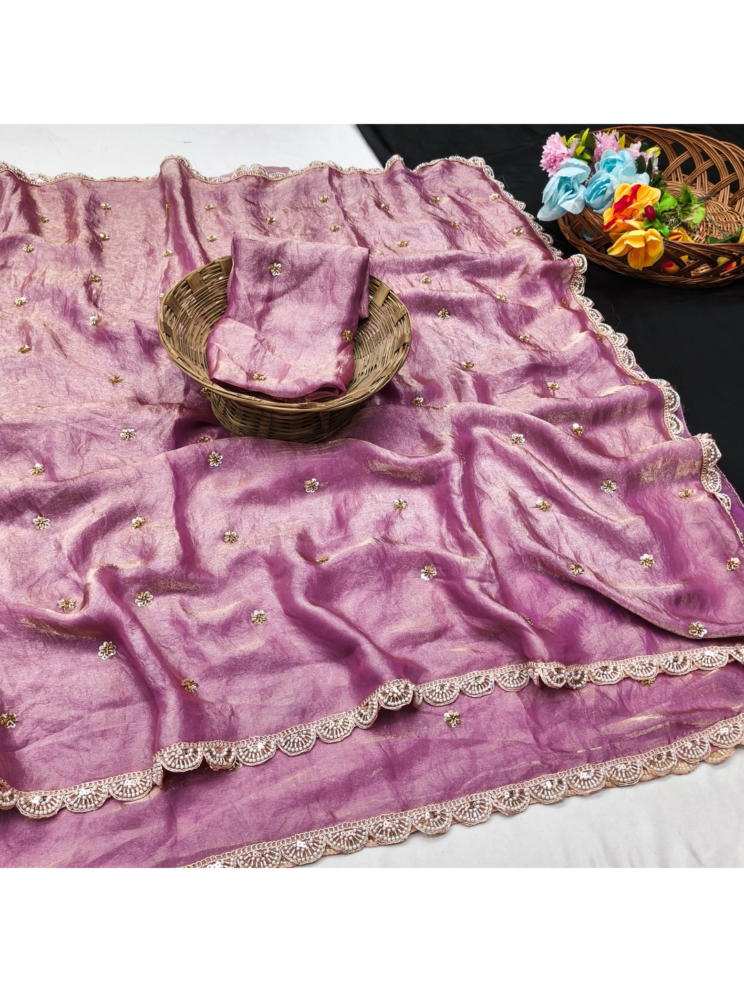 Peachmode Pink Fendy Satin Saree with Embroidered Border - Image 2