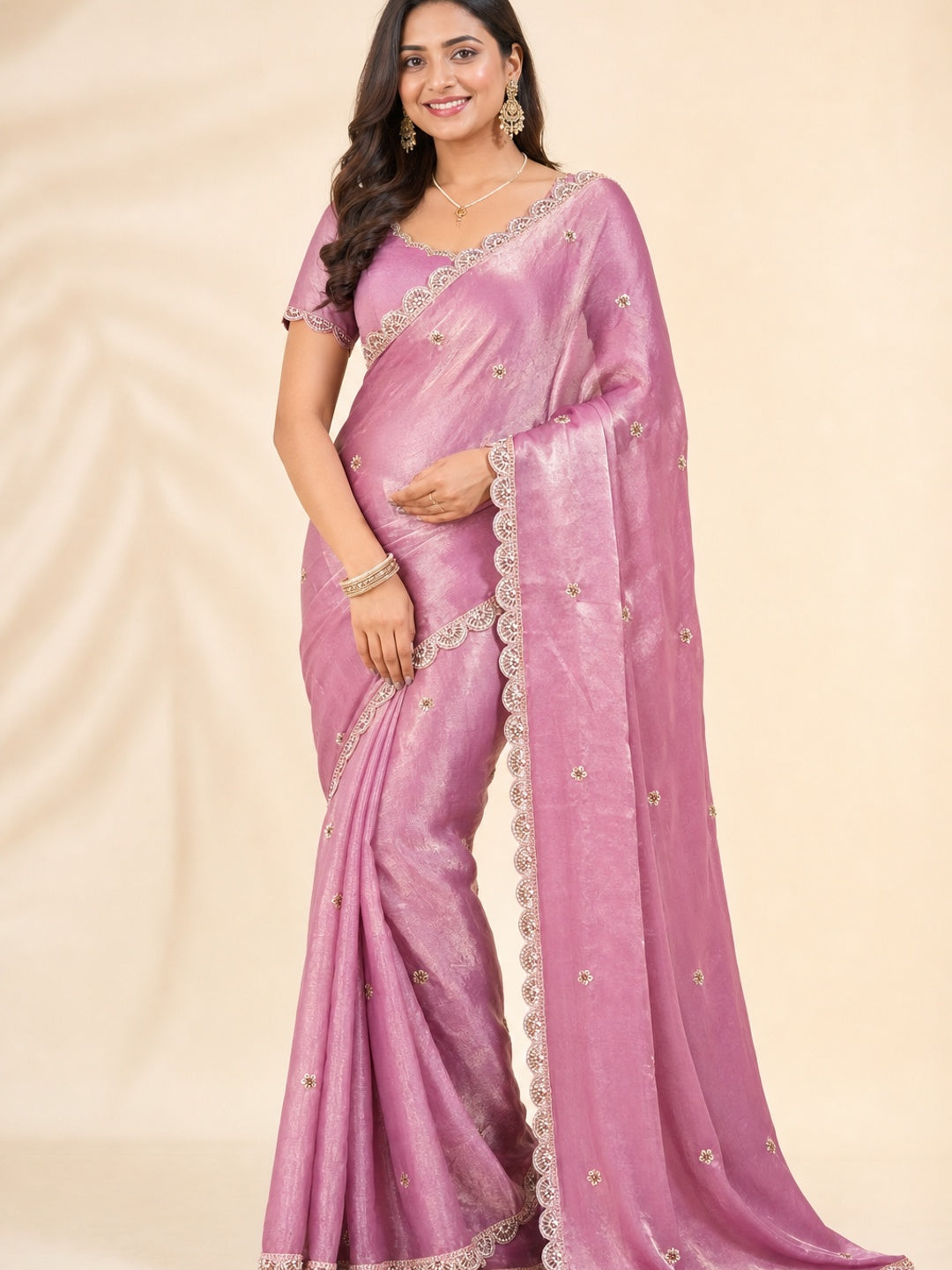Peachmode Pink Fendy Satin Saree with Embroidered Border - Image 1