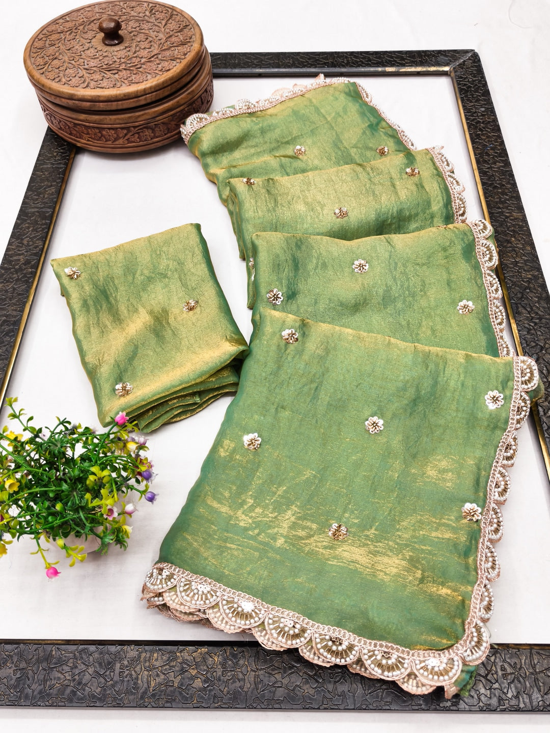 Peachmode Green Fendy Satin Saree with Embroidered Border - Image 3
