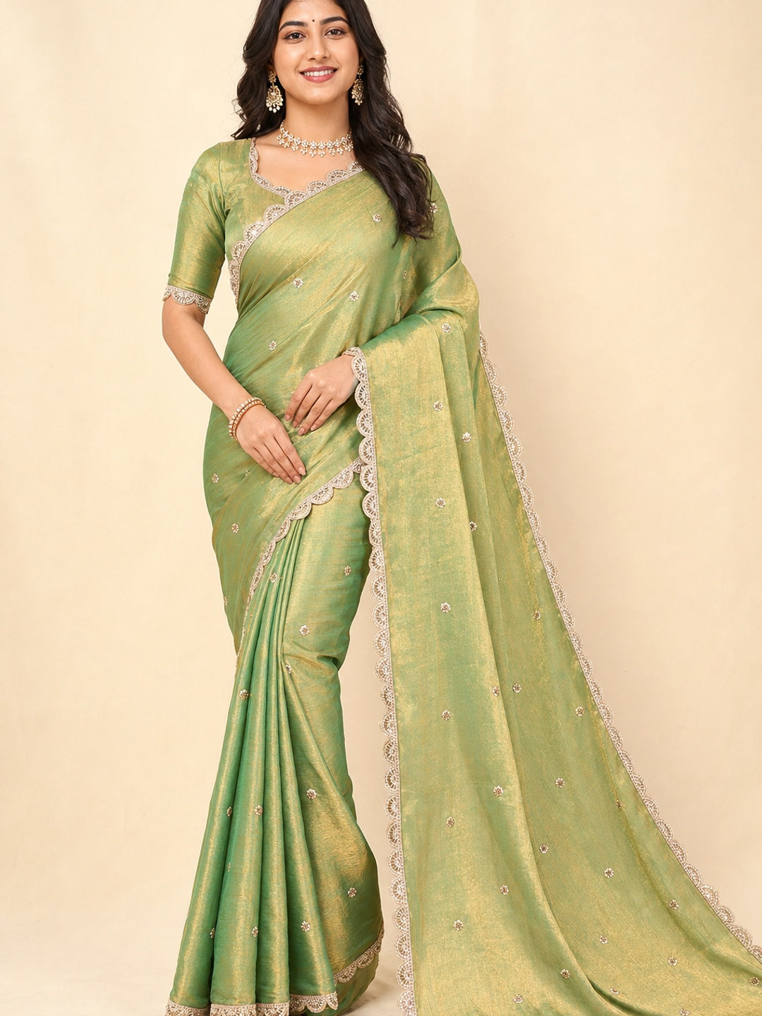 Peachmode Green Fendy Satin Saree with Embroidered Border - Image 1