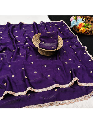 Peachmode Purple Fendy Satin Saree with Embroidered Border - Image 2