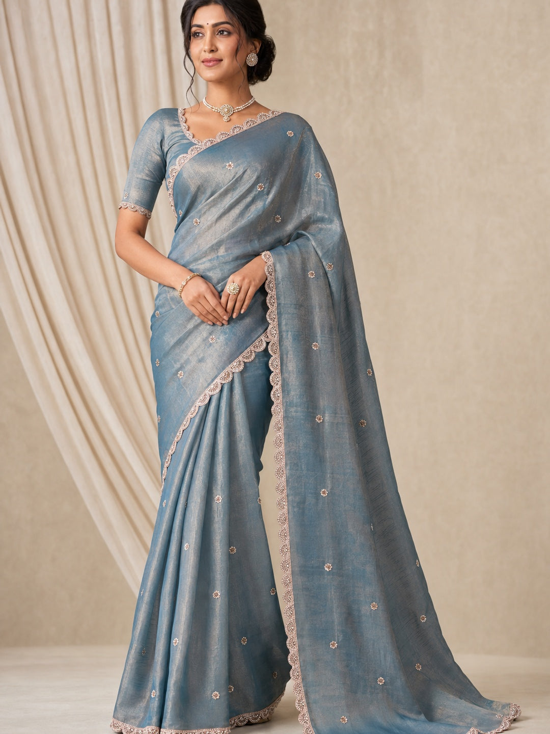 Peachmode Grey Fendy Satin Saree with Embroidered Border - Image 1