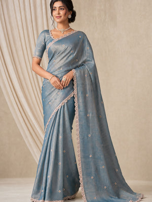 Peachmode Grey Fendy Satin Saree with Embroidered Border - Image 1
