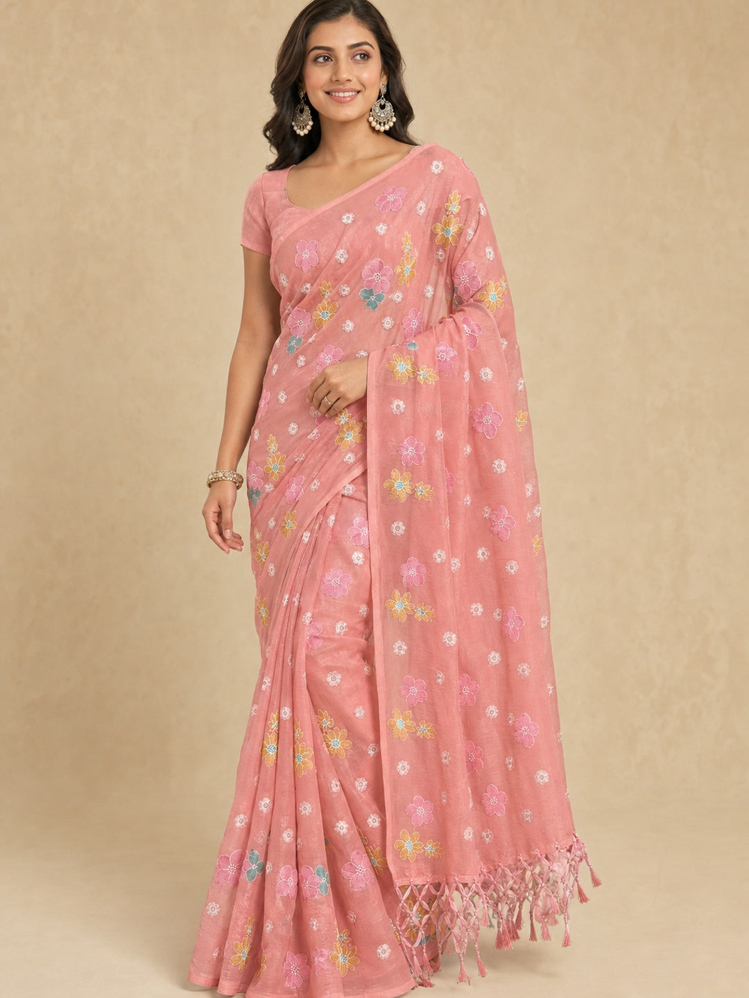 Peachmode Peach Crunchy Saree with Floral Embroidery Work - Image 1