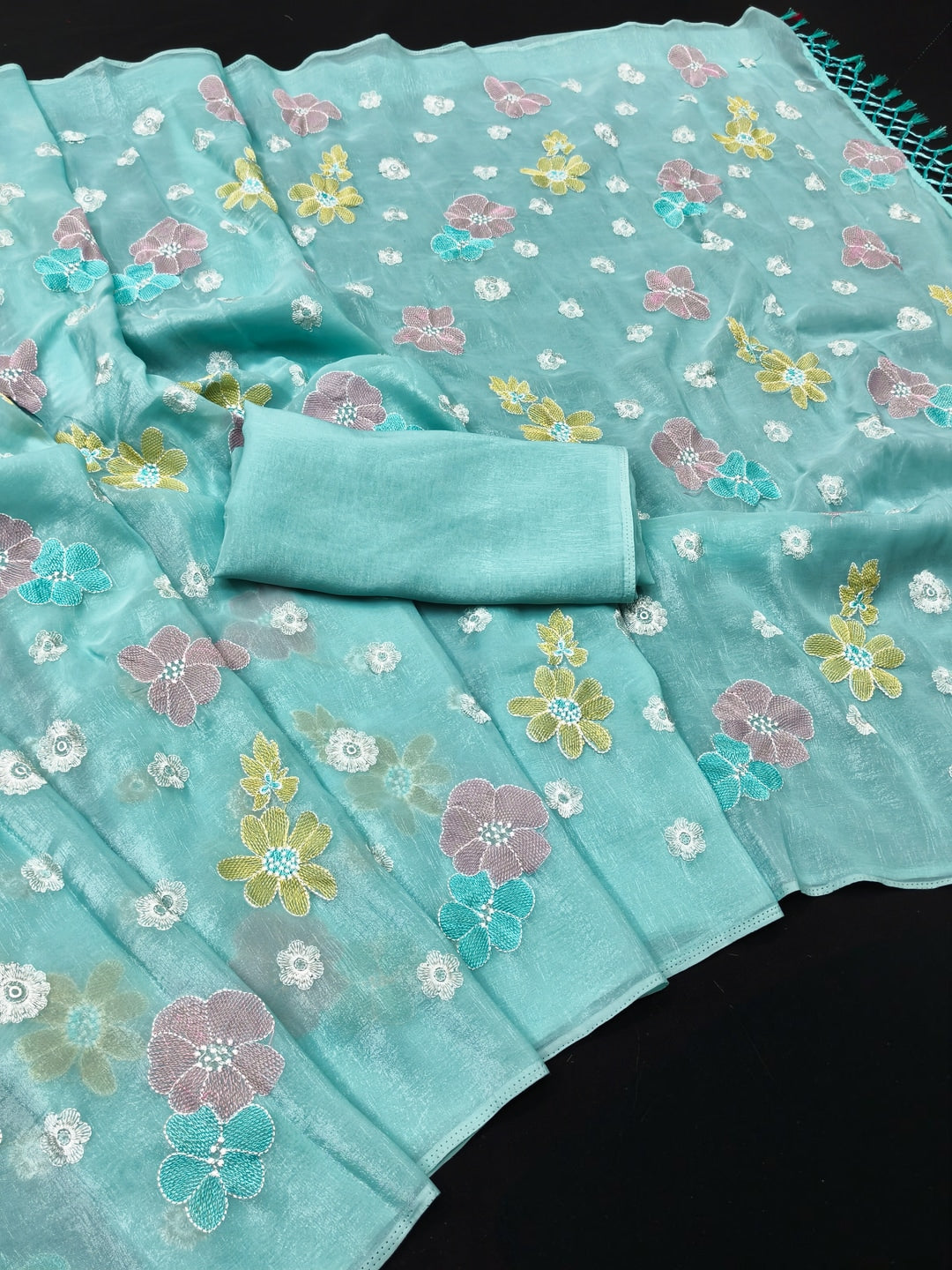 Peachmode Aqua Crunchy Saree with Floral Embroidery Work - Image 2
