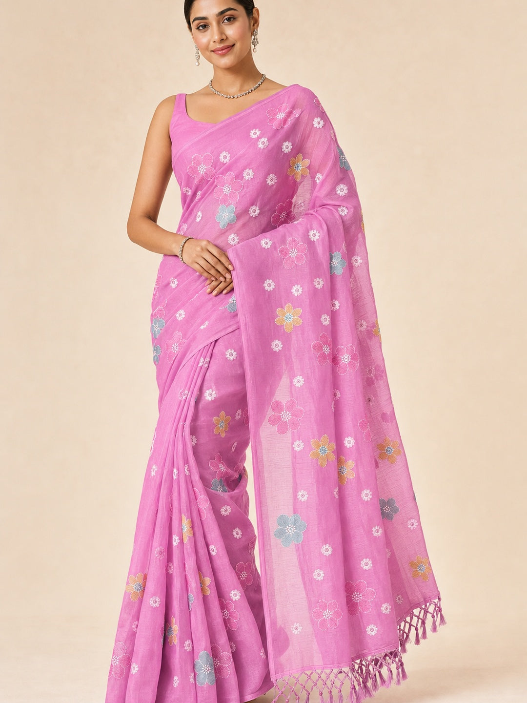 Peachmode Pink Crunchy Saree with Floral Embroidery Work - Image 1