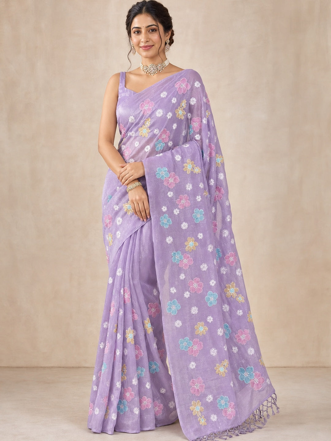 Peachmode Lavender Crunchy Saree with Floral Embroidery Work - Image 1