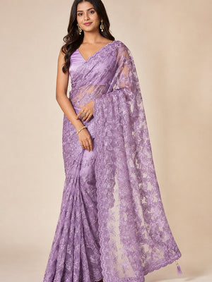 Peachmode Lavender Net Saree with Floral Embroidery Work - Image 1
