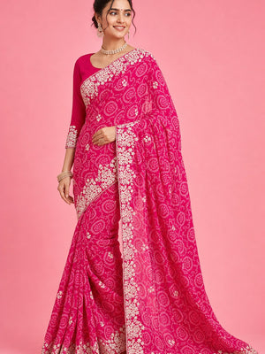 Peachmode Pink Georgette Bandhani Saree with Embroidery Work - Image 1