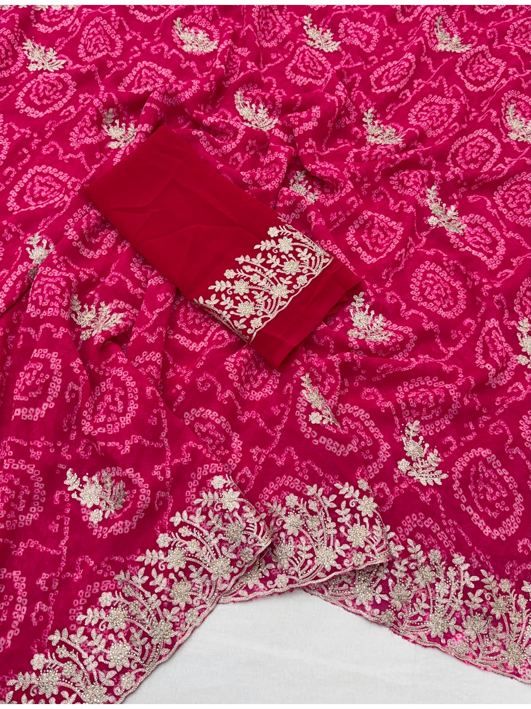 Peachmode Pink Georgette Bandhani Saree with Embroidery Work - Image 3