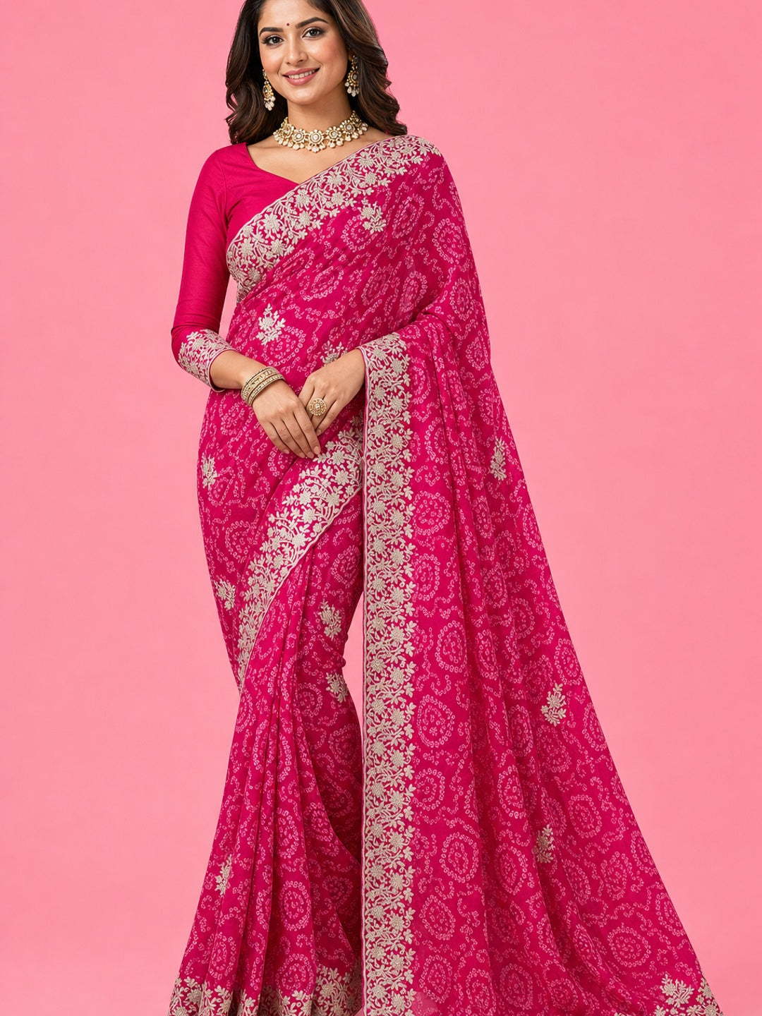 Peachmode Pink Georgette Bandhani Saree with Embroidery Work - Image 1