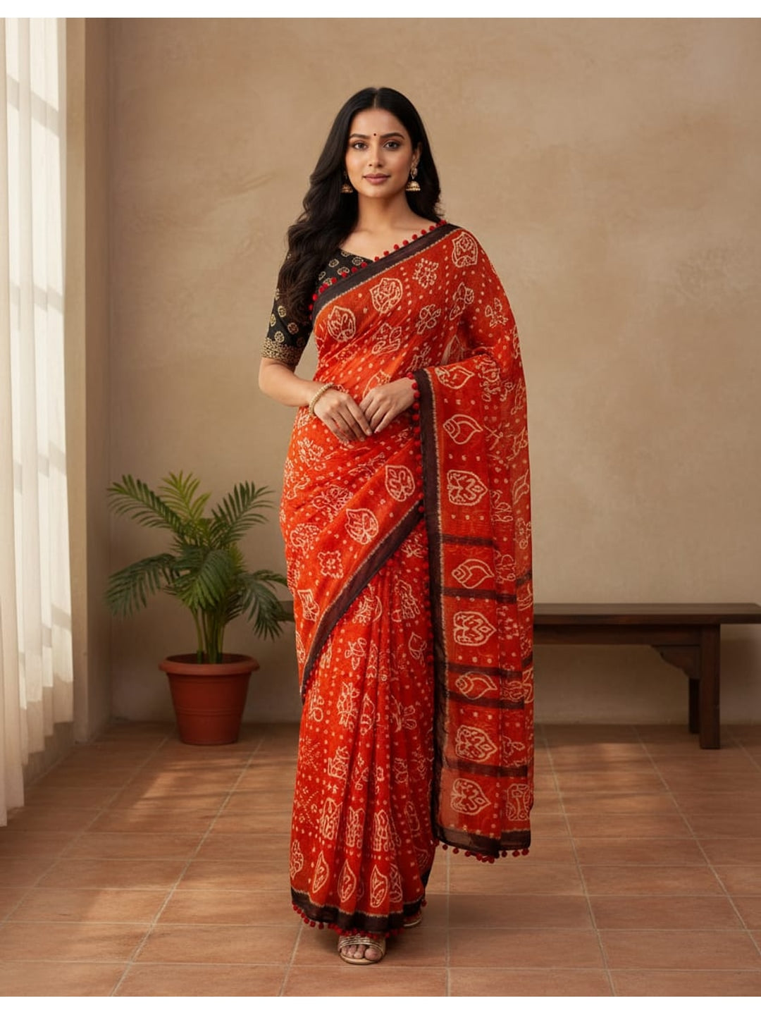 Peachmode Red Mul Mul Cotton Saree with Digital Print - Image 1
