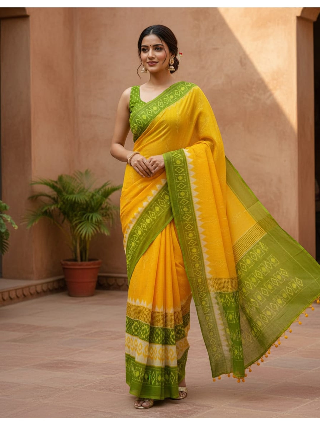 Peachmode Yellow Mul Mul Cotton Saree with Digital Print - Image 1