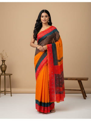 Peachmode Orange Mul Mul Cotton Saree with Digital Print - Image 1