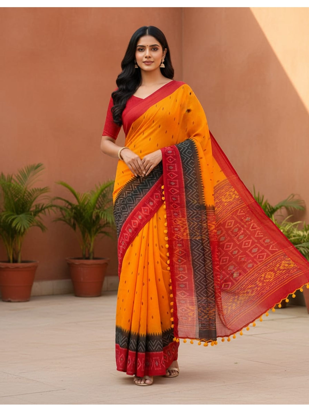Peachmode Orange Mul Mul Cotton Saree with Digital Print - Image 1
