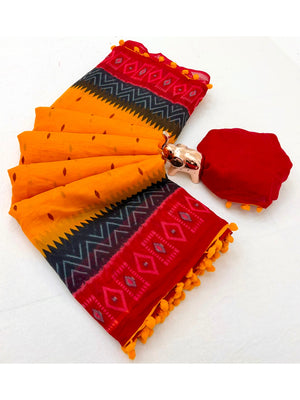 Peachmode Orange Mul Mul Cotton Saree with Digital Print - Image 2