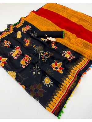 Peachmode Blue Mul Mul Cotton Saree with Digital Print - Image 2