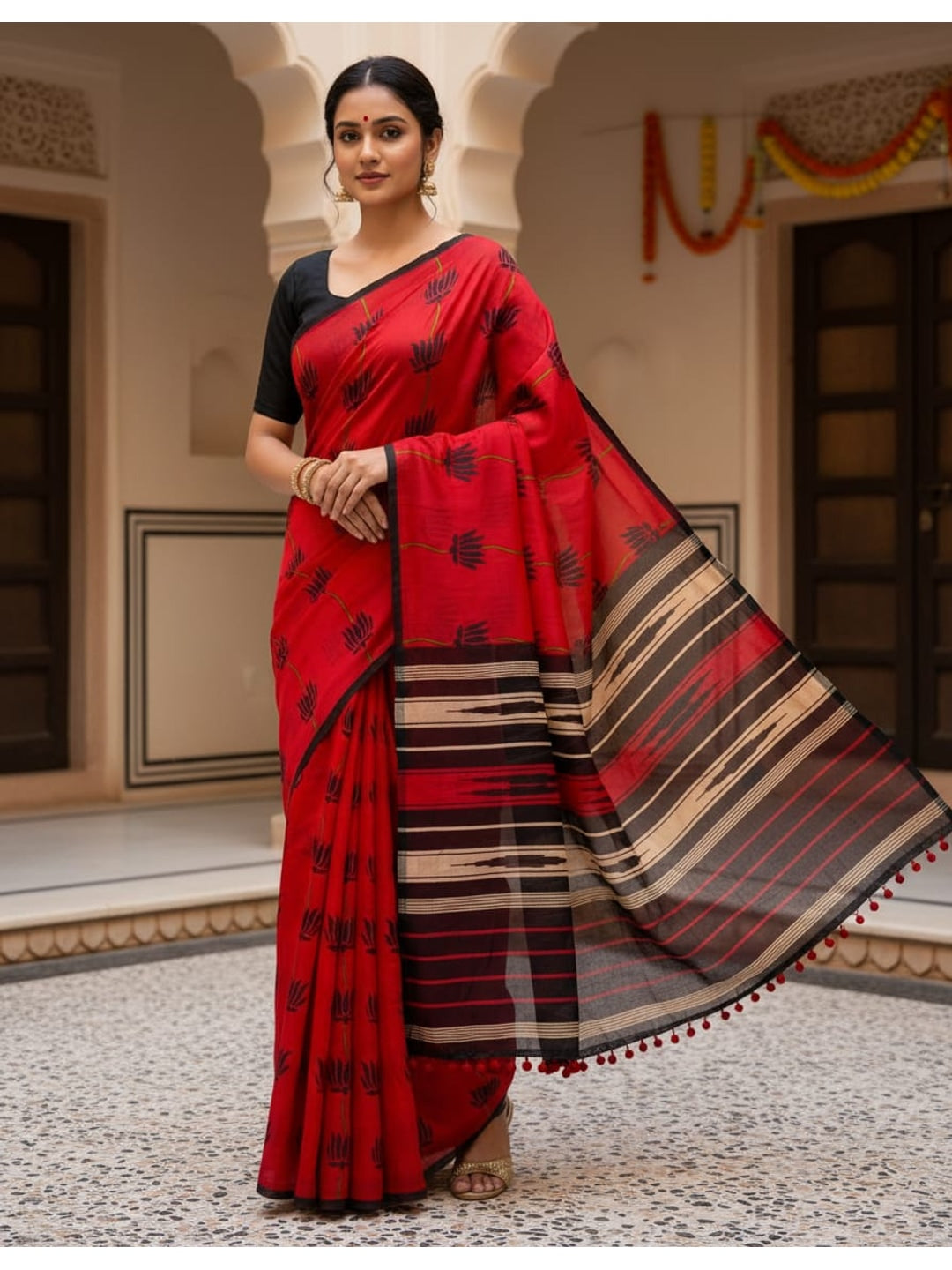 Peachmode Red Mul Mul Cotton Saree with Digital Print - Image 1