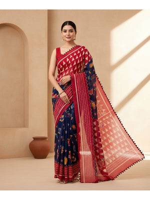 Peachmode Blue Mul Mul Cotton Saree with Digital Print - Image 1