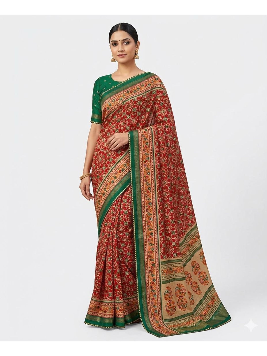 Peachmode Green Pure Silk Saree with Digital Print - Image 1