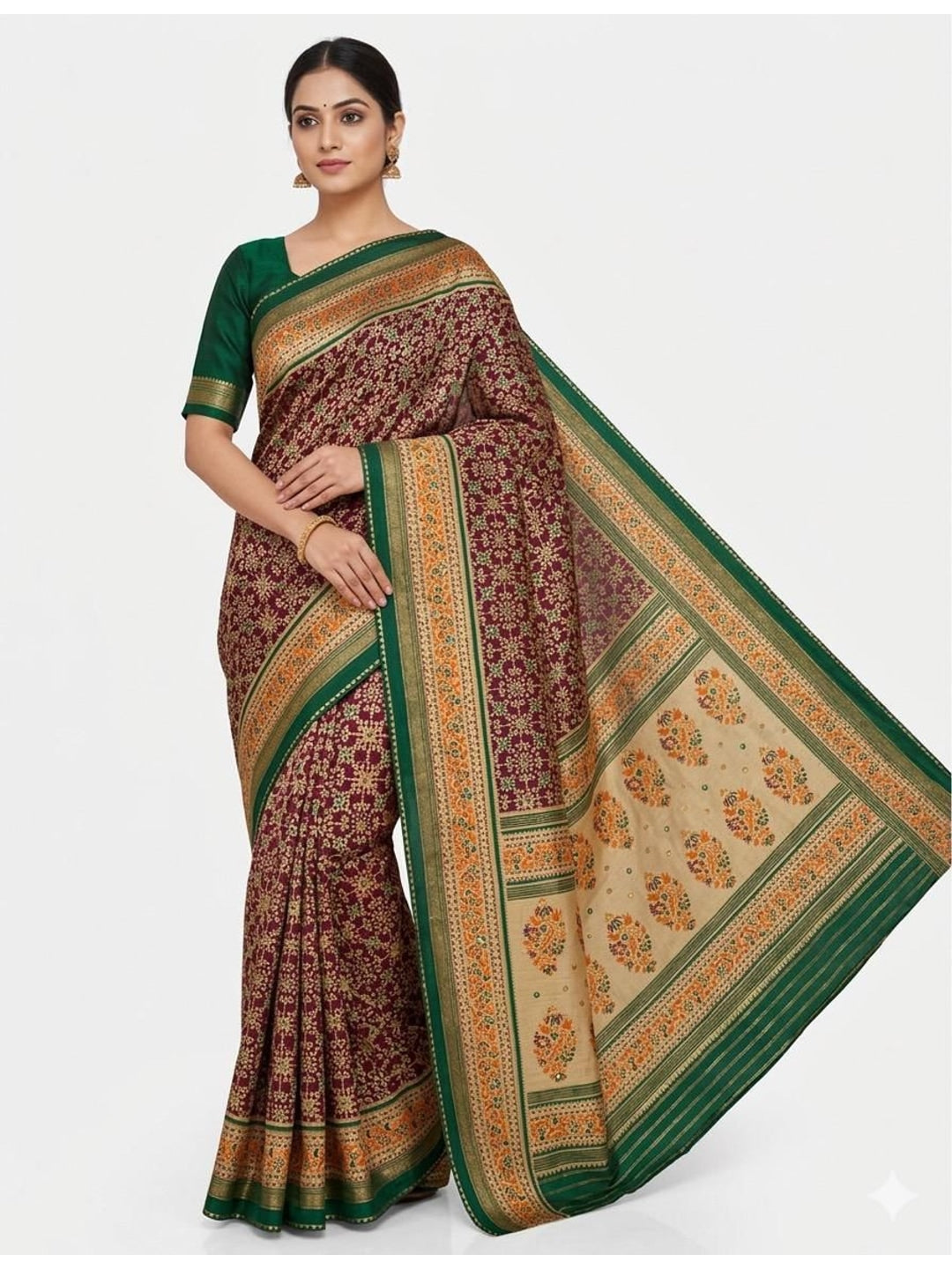 Peachmode Brown Pure Silk Saree with Digital Print - Image 1