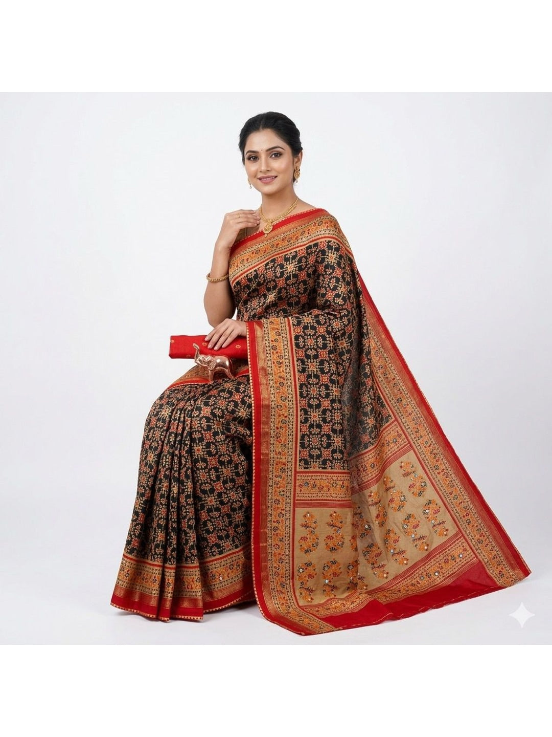 Peachmode Brown Pure Silk Saree with Digital Print - Image 1