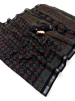 Peachmode Black Semi Cotton Saree with Ajrakh Print - Image 2