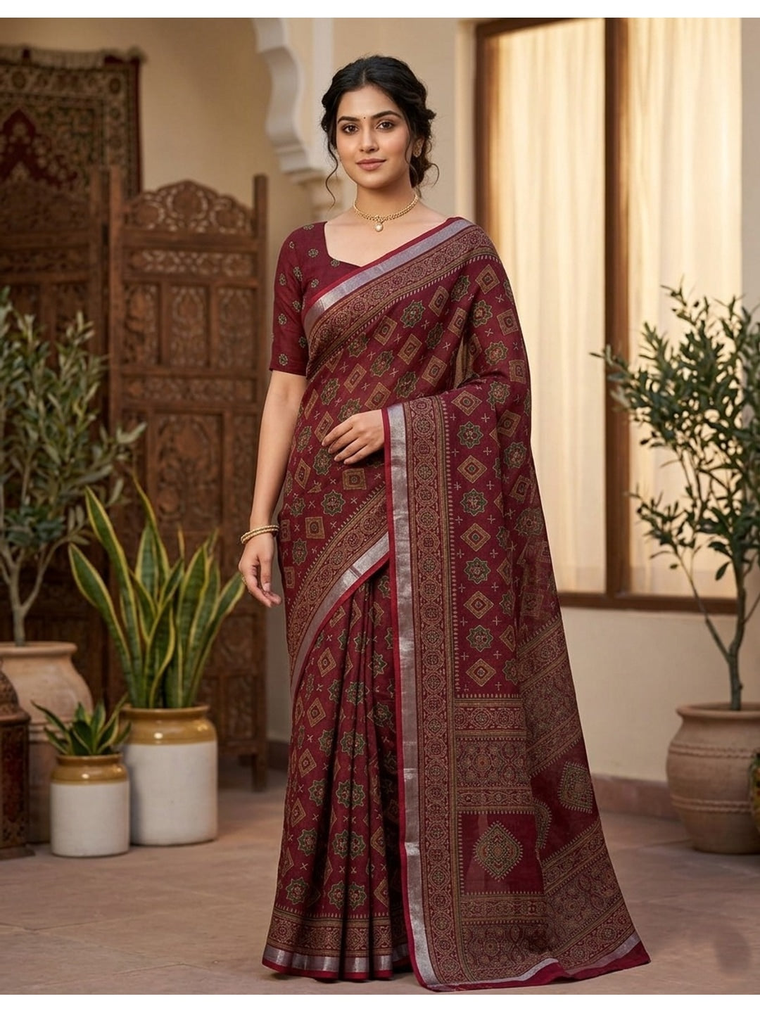 Peachmode Maroon Semi Cotton Saree with Ajrakh Print - Image 1