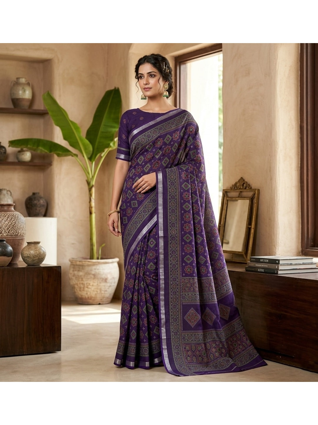 Peachmode Purple Semi Cotton Saree with Ajrakh Print - Image 1