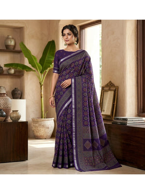 Peachmode Purple Semi Cotton Saree with Ajrakh Print - Image 1