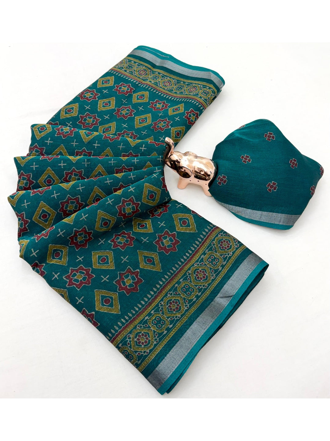 Peachmode Teal Semi Cotton Saree with Ajrakh Print - Image 2