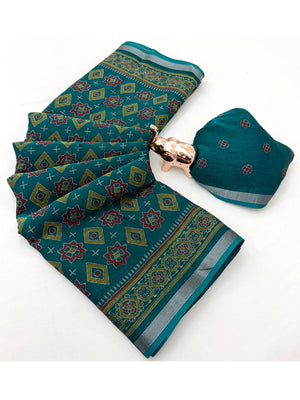 Peachmode Teal Semi Cotton Saree with Ajrakh Print - Image 2