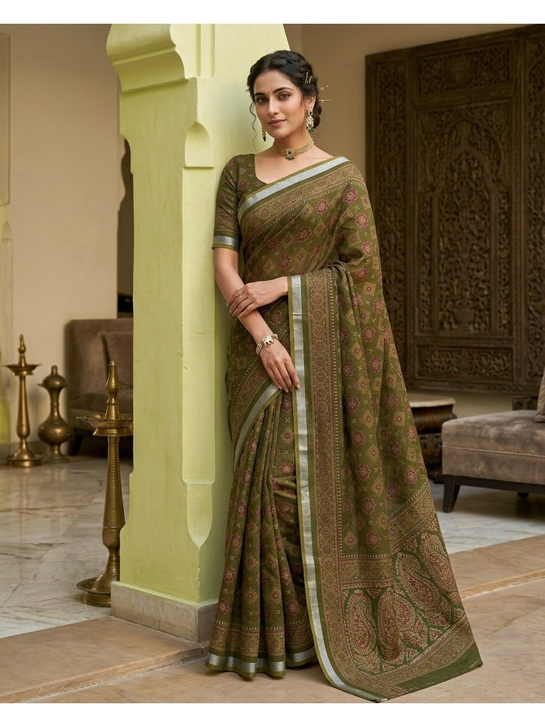 Peachmode Olive Semi Cotton Saree with Ajrakh Print - Image 1