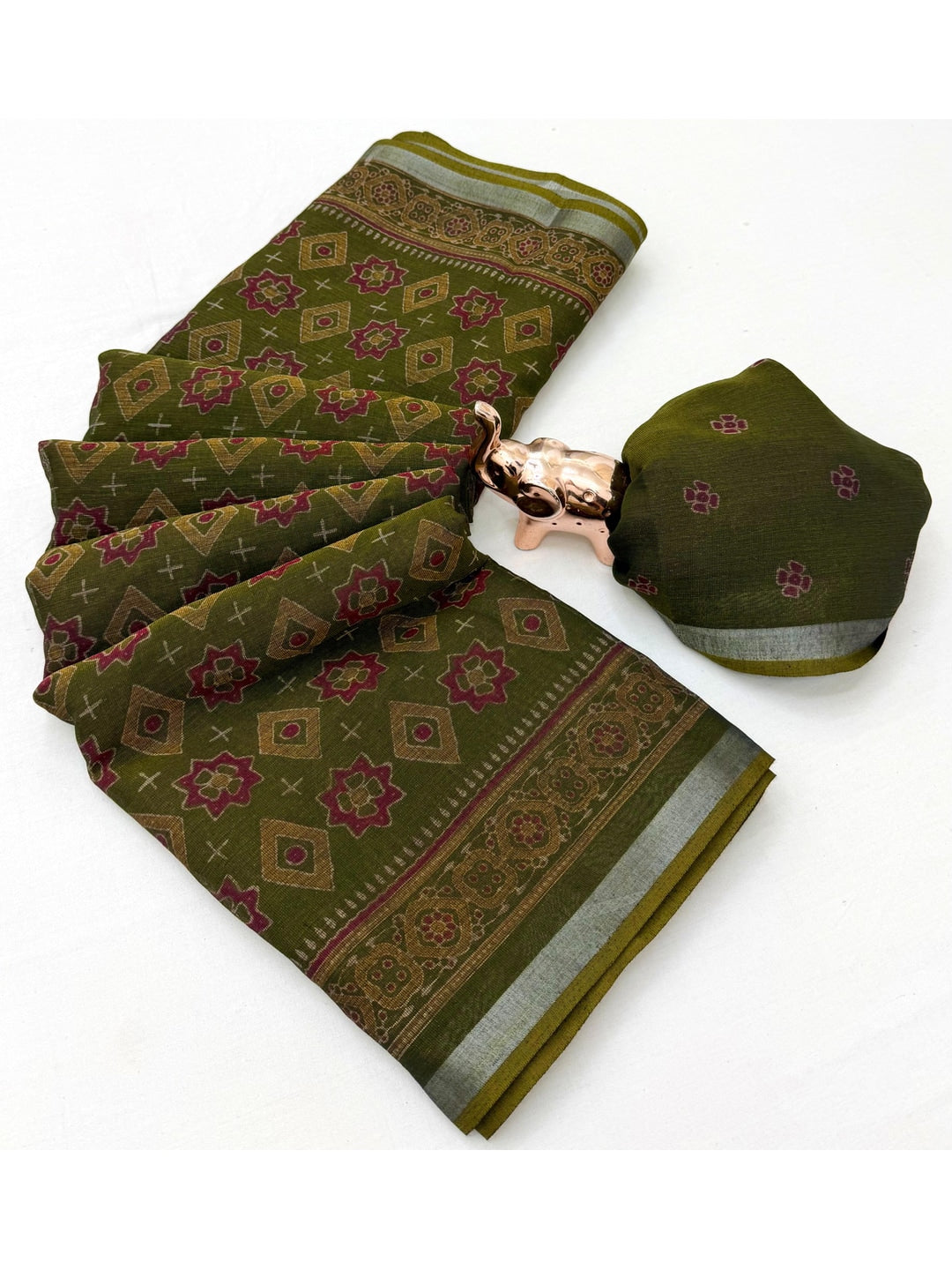 Peachmode Olive Semi Cotton Saree with Ajrakh Print - Image 2
