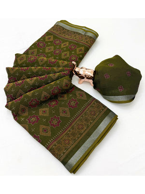 Peachmode Olive Semi Cotton Saree with Ajrakh Print - Image 2