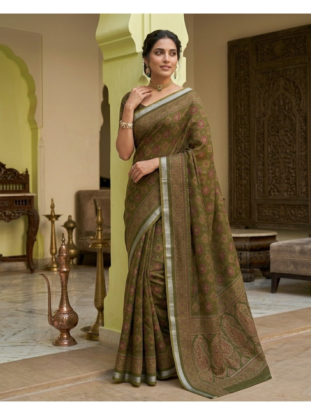 Peachmode Brown Semi Cotton Saree with Ajrakh Print - Image 1