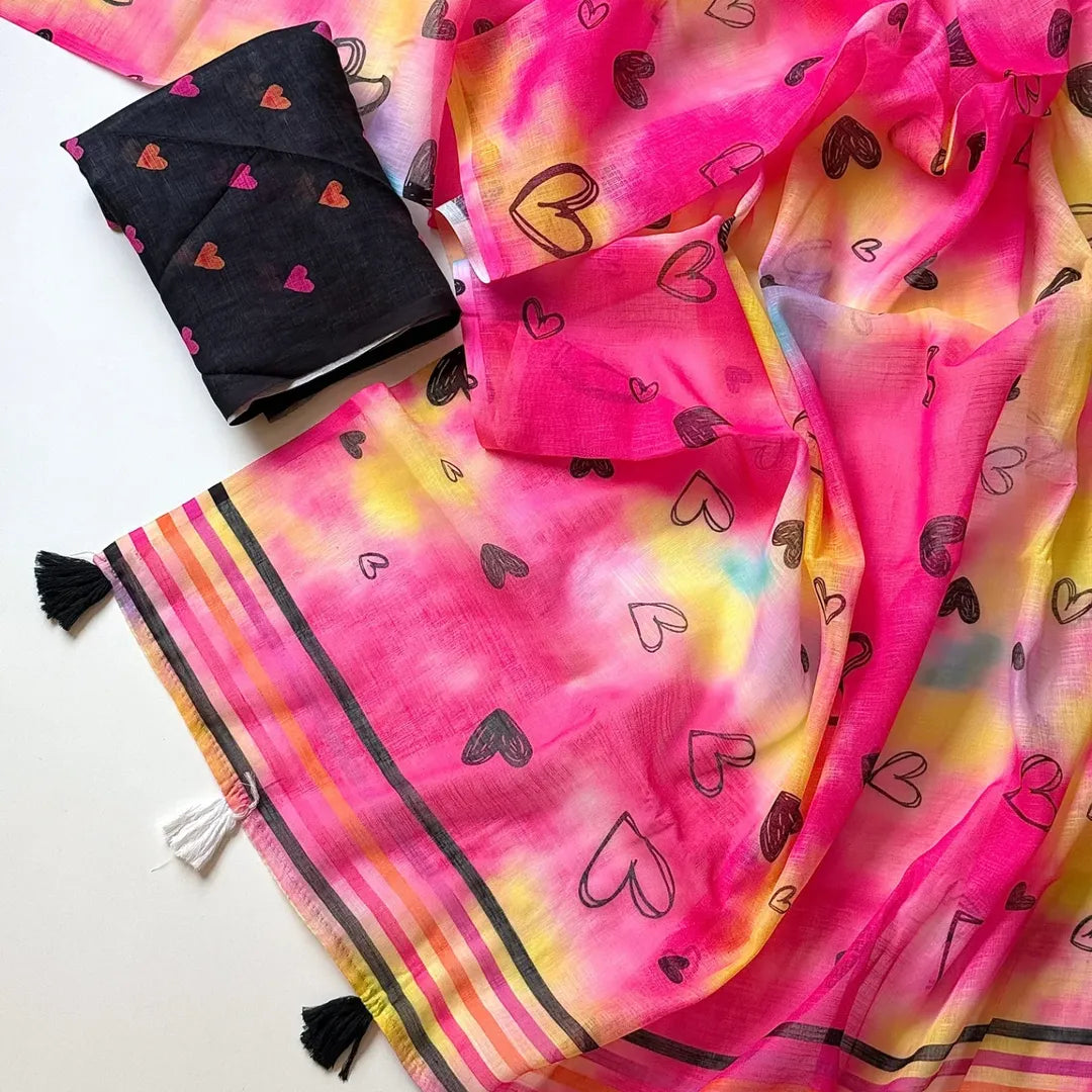 Peachmode Multicolor Linen Cotton Heart Print Saree - Image 2